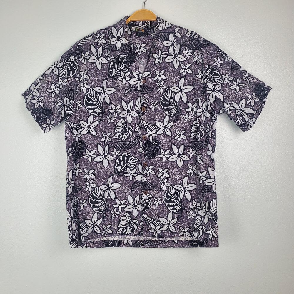 Hawaiian Gray, Black and White Floral Short Sleeve Shirt Size M